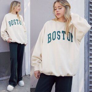 Brandy Melville John Galt Boston Crew Neck Sweatshirt Cream Green Oversized OS